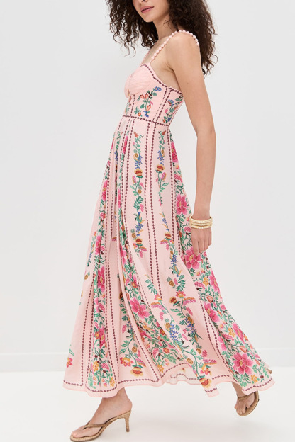 Linen Blend Delicate Forest Unique Print Sweetheart Neck Beaded Straps Maxi Dress-consonak
