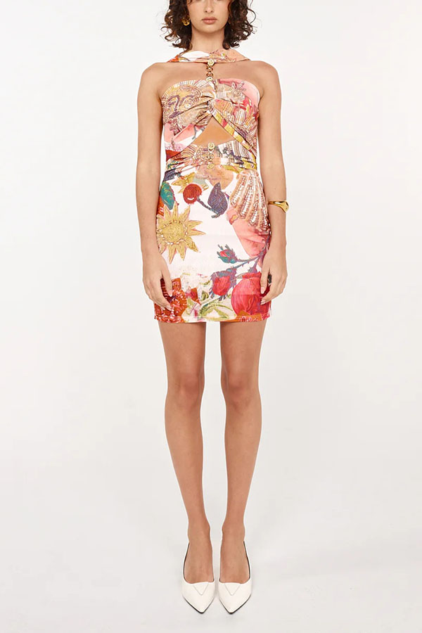 Geneva Mesh Rosette Hardware Cutout Ruched Stretch Mini Dress | Consonak