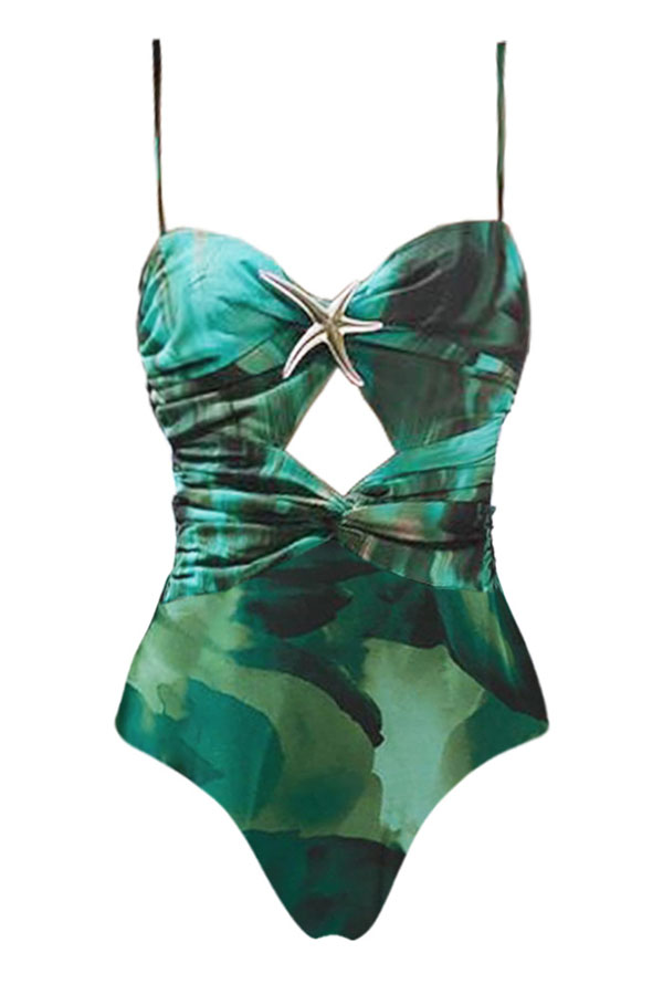 Unique Print Starfish Embellished Cutout Stretch One-piece Swimsuit-consonak