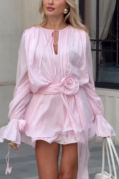 Solid Color Long Sleeve V-Neck Lace-Up Elegant Flower Decorated Mini Dress-consonak