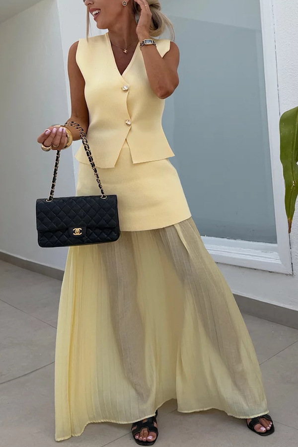 Stylish and Elegant Knit Spliced Tulle Elastic Waist Pleated Maxi Skirt-consonak