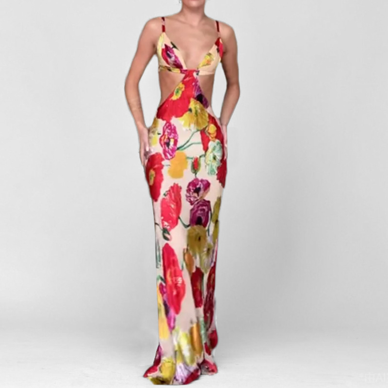 Hawaiian Dreams Satin Floral Print Cutout Backless Maxi Dress-consonak