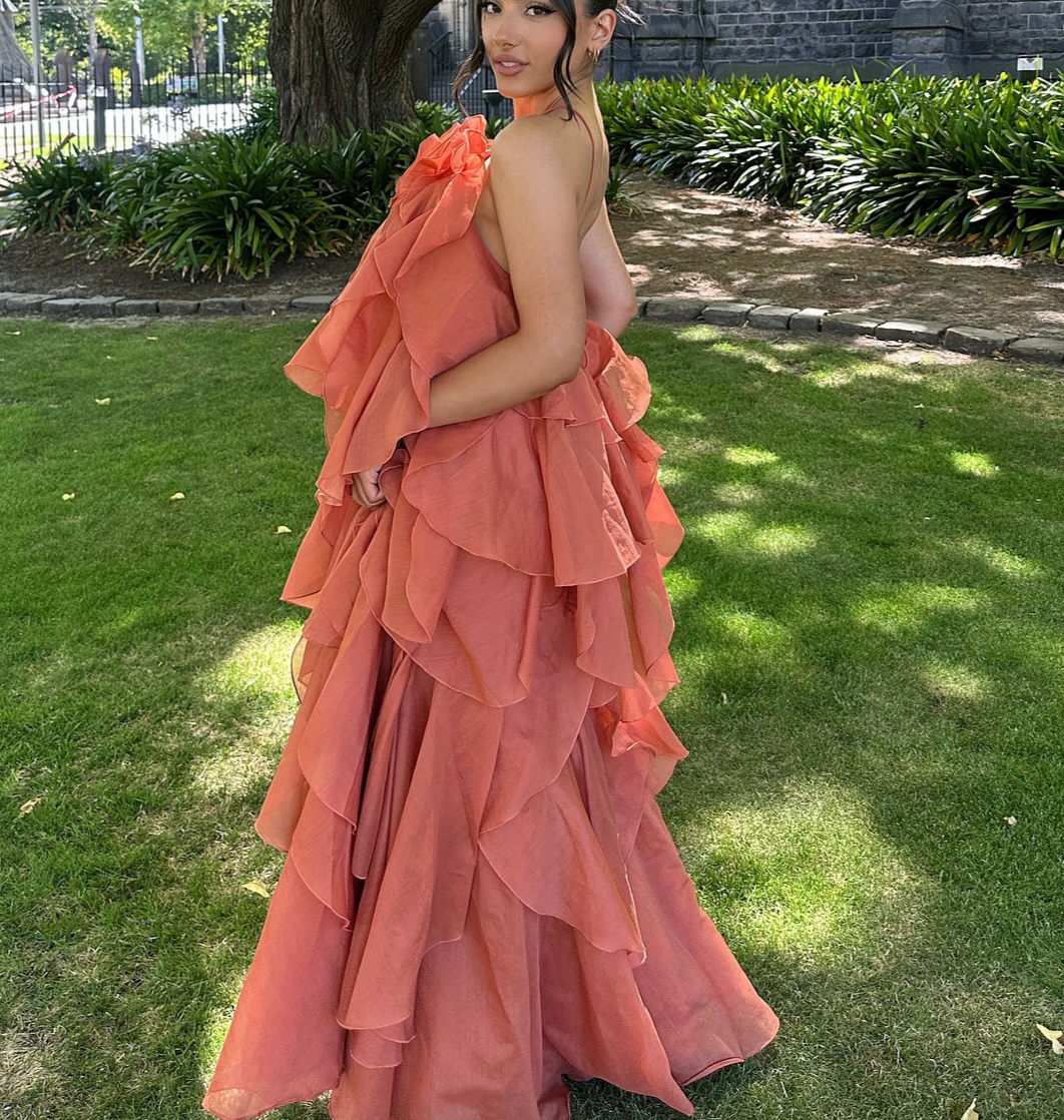 Free - Flowing Rose Detail Tiered Ruffles Halter A-line Maxi Dress | Consonak