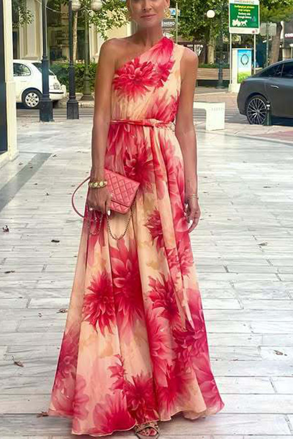 Floral Print One Shoulder Waist Tie Full Hem Resort Style Maxi Dress-consonak