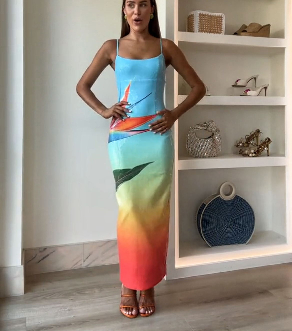 Dreamy Dreamy Sequin Unique Floral Gradient Print Slit Stretch Maxi Dress(Shipped within 24 hours)-Consonak