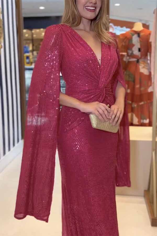 Shine Brighter Sequin Cape Sleeve Cross Waist Evening Maxi Dress-consonak
