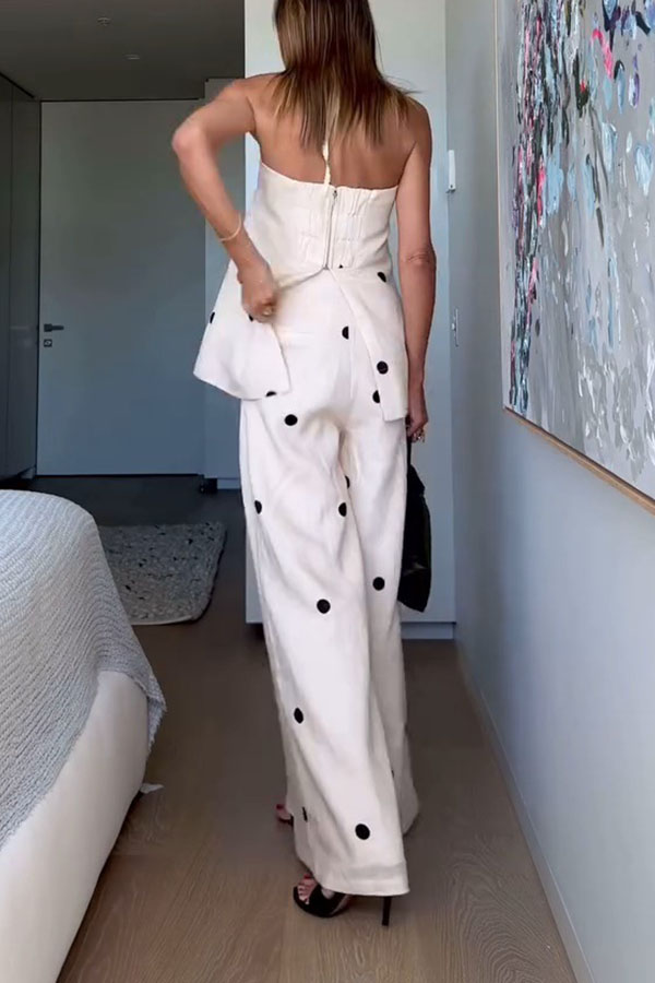 Linen Blend Polka Dot Bandeau Top and Elastic Waist Pocket Wide Leg Pants Set-consonak