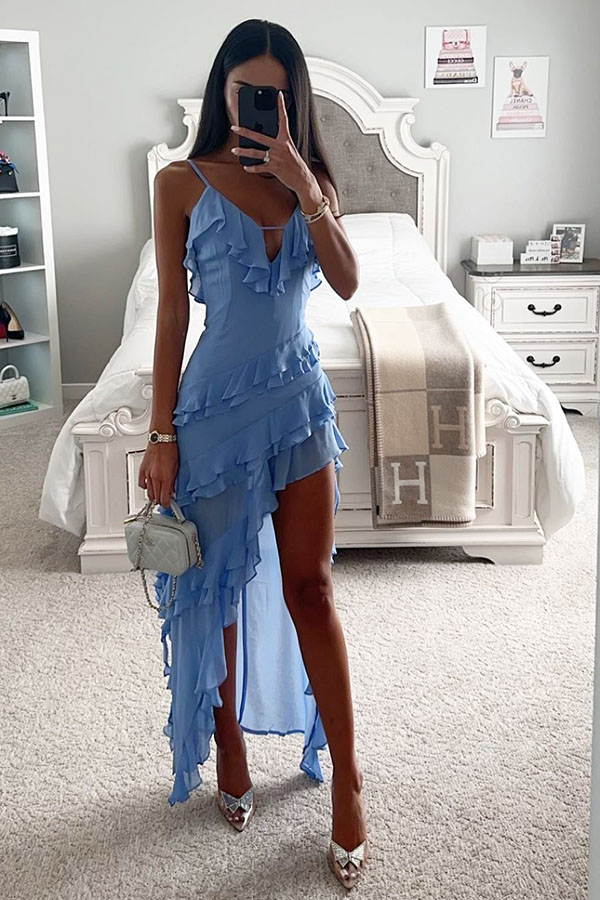 Sexy V-neck Ruffle Irregular Solid Color High Split Layered Dress | Consonak