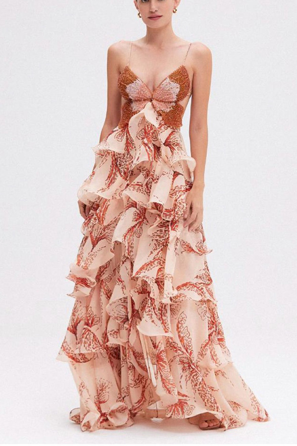 Ariae Butterfly Print Multi-layered Ruffles Backless Tie-up Maxi Dress | Consonak