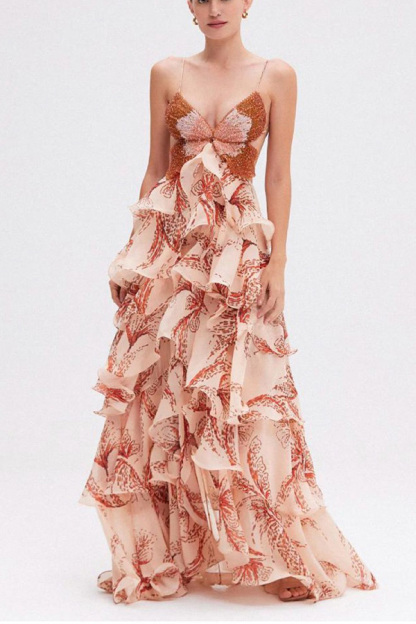 Ariae Butterfly Print Multi-layered Ruffles Backless Tie-up Maxi Dress-consonak