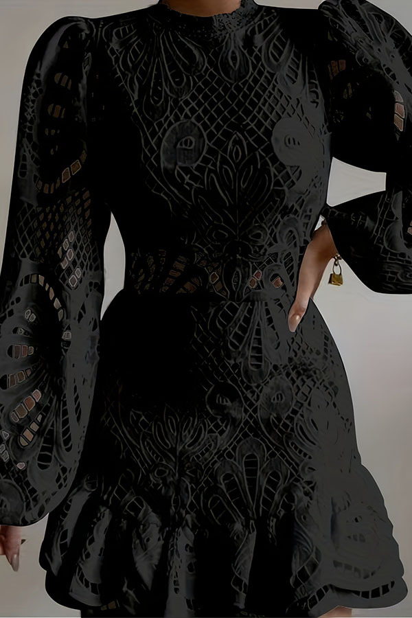 Solid Color Hollow Long-sleeved Waisted Lace Mini Dress-consonak