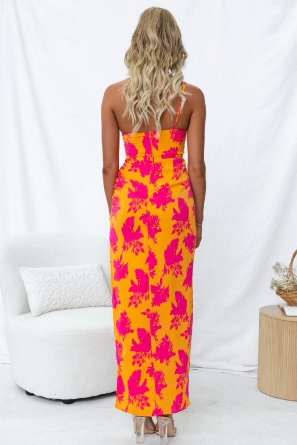 Right Time Floral Print One Shoulder Slit Party Maxi Dress-consonak