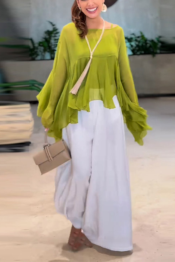 Romantic Journey Chiffon Ruffle Batwing Sleeve Top and Elastic Waist Pocket Loose Pants Set-consonak