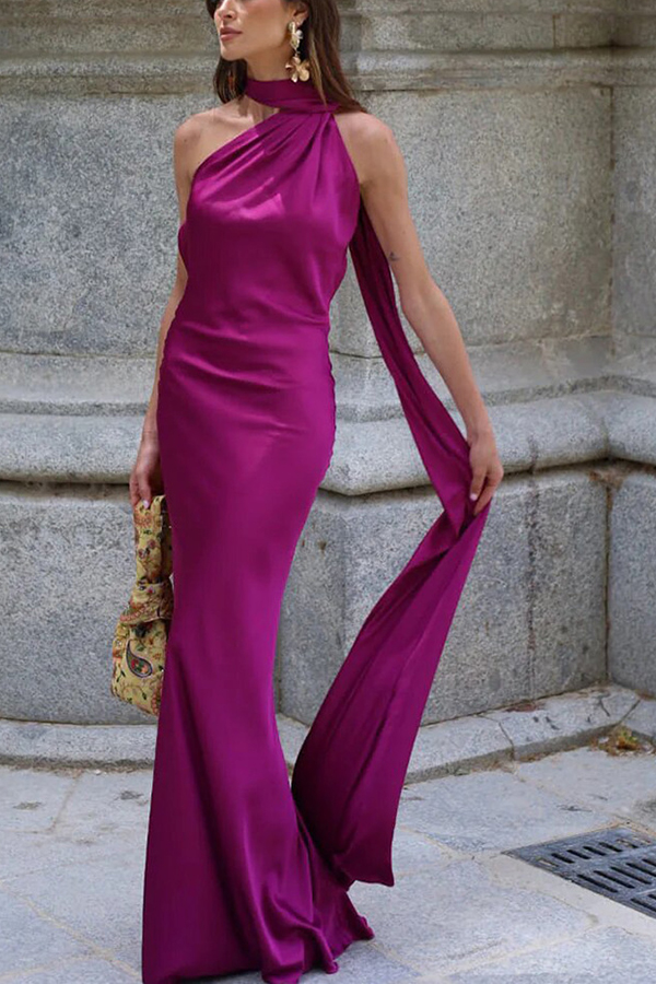 Crush on You Satin One Shoulder Backless Cape Maxi Dress-consonak