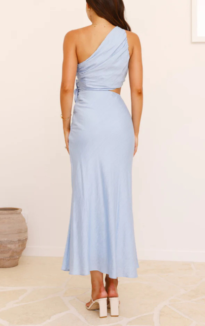 Bloom Summer 3d Flower Ruched One Shoulder Cutout Maxi Dress-consonak