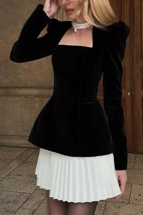 Netta Velvet Square Neck Long Sleeve Back Pearl Detail Pleated Mini Dress-consonak