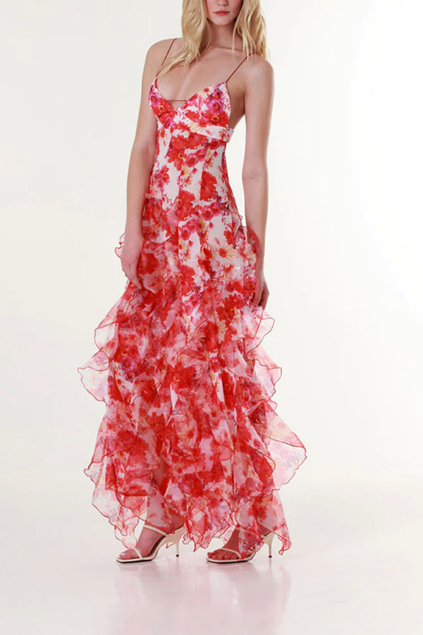 Millie | Floral Ruffle Long Skirt Women's Fashion Chiffon Printed Fairy Style Long Style Evening Dress Coupon-consonak