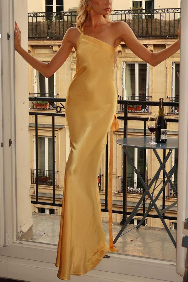 Spring and summer new party oblique shoulder slim dress INS casual elegant party fashion satin dress-consonak