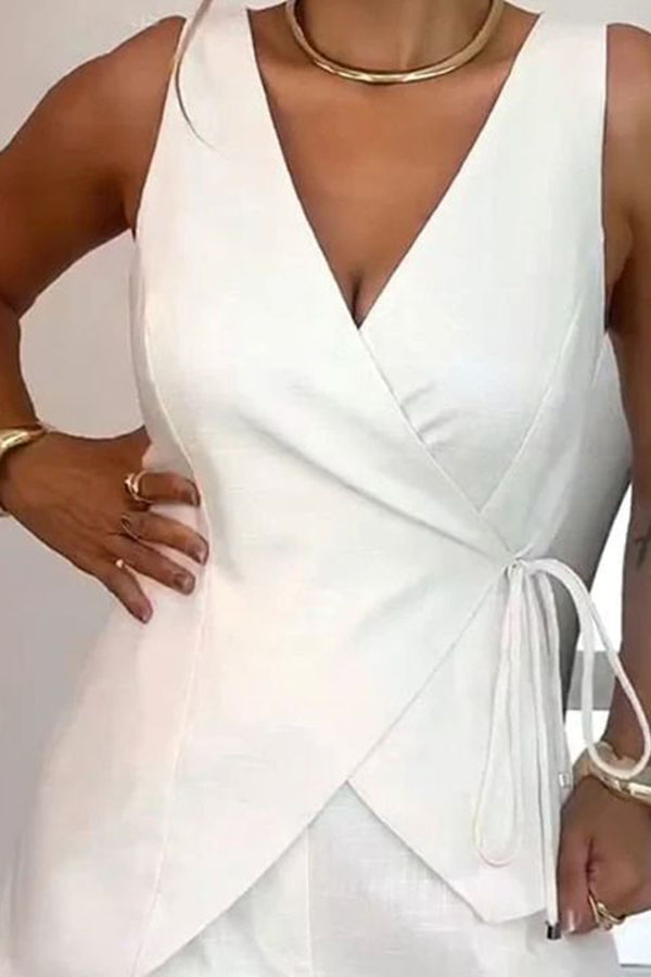 Solid Color Casual Sleeveless V-neck Top and Loose Shorts Set-consonak