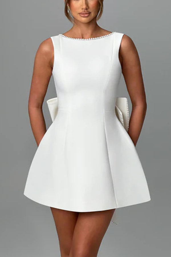 Stylish Pearl-embellished Large Bow Slim-fit Mini Dress-consonak