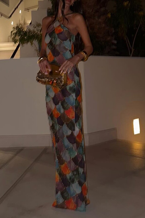 Little Mermaid Colorful Scales Print Halter Maxi Dress-consonak