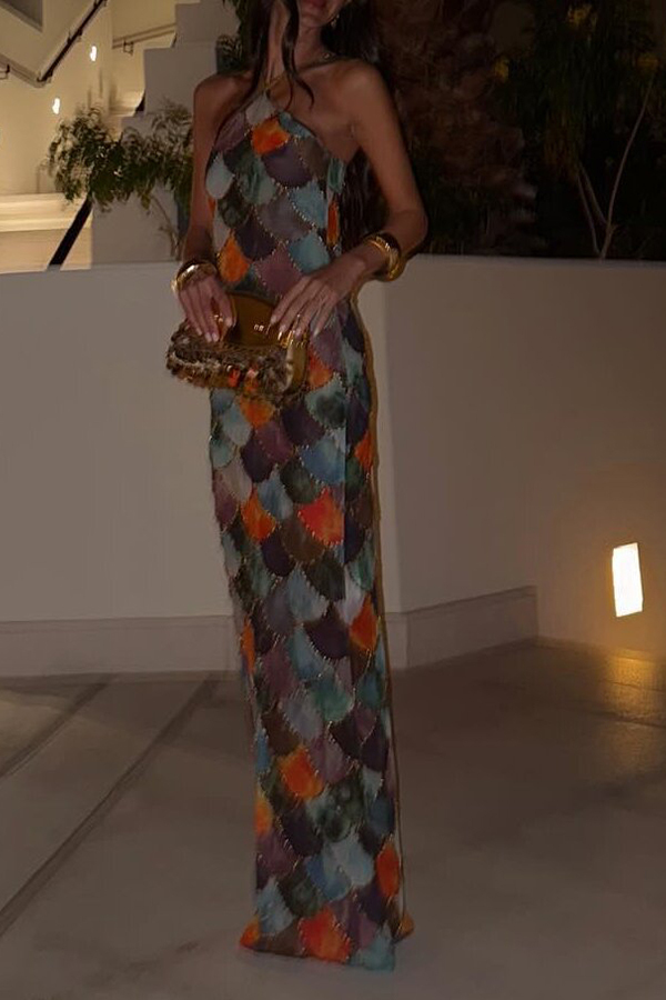 Little Mermaid Colorful Scales Print Halter Maxi Dress-consonak