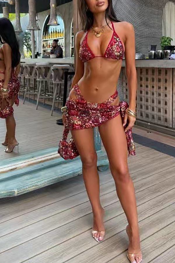 Stylish Sequined Halter Neck Tie Two-piece Stretch Bikini Swimsuit and Beach Cover-up Mini Skirt Set-consonak