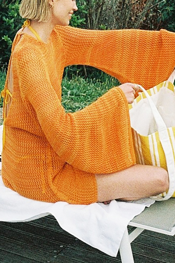 Knitted Dolman Sleeves Cutout Crew Neck Tie Backless Cover Up-consonak