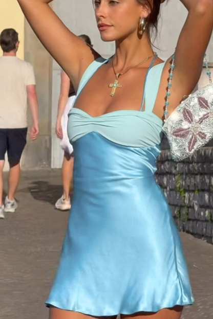 Splicing sleeveless sexy mini women's long robe satin strapless backless lace up high waisted A-line party dress-consonak