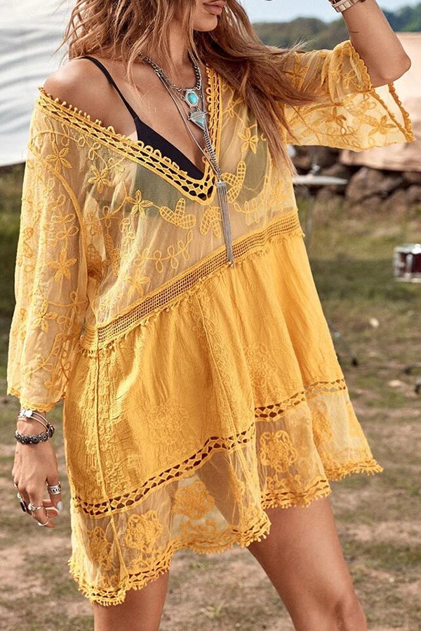 Lace V Neck Hollow Short Sleeved Cover Up-consonak