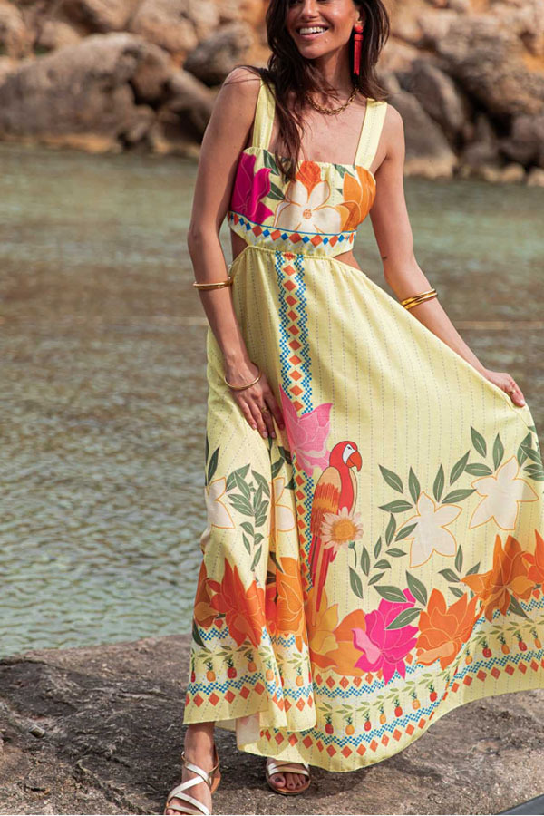 Resort Style Unique Print Sexy Square Neck Backless Waist Maxi Dress-consonak