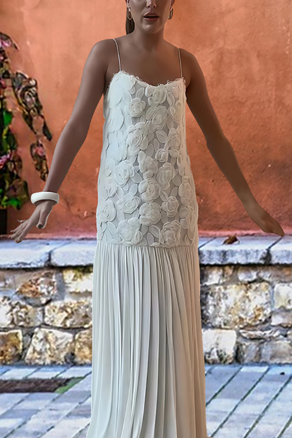 Indulge in Floral Applique Pleated Chiffon Hem Slip Maxi Dress-consonak