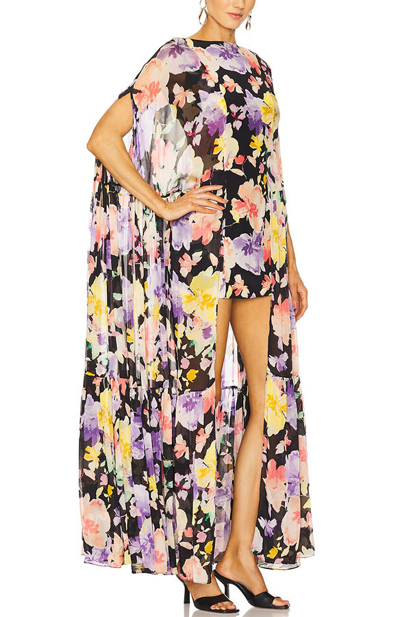 Garden Party Contrast Floral Print High Low Cape Maxi Dress-consonak
