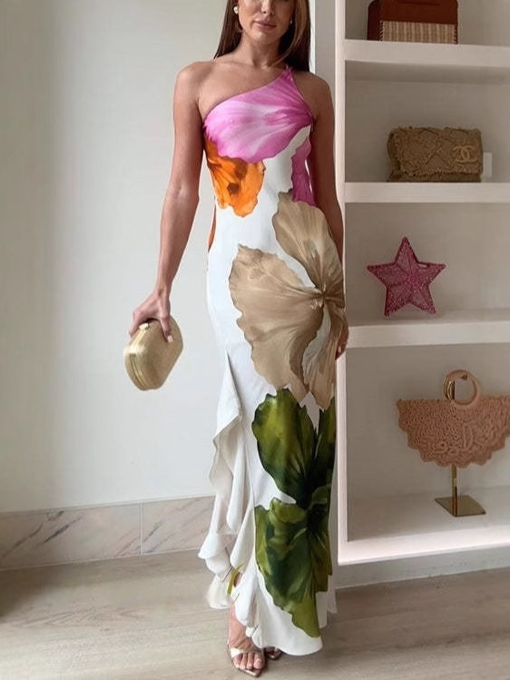 Ladies' Fashion Design Flower Printed Elegant Single Shoulder Side Ruffle Long Dress | Consonak