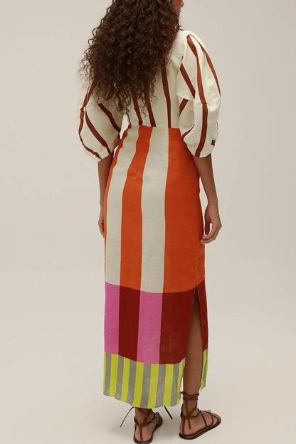 Kaya Linen Blend Color Block Print Front Cutout Knot Puff Sleeve Maxi Dress-consonak