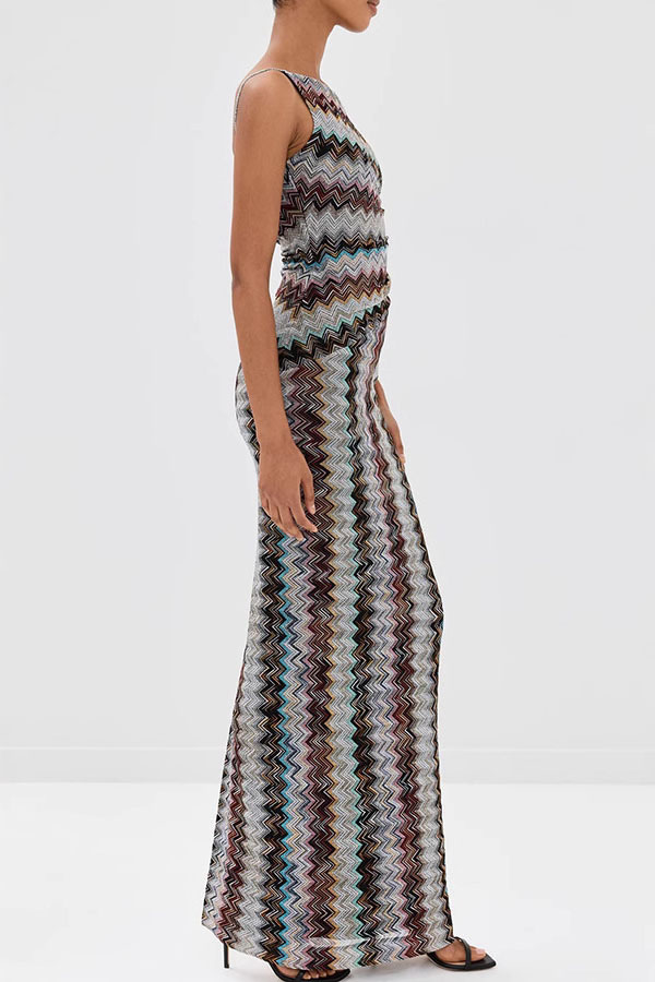 Cocktails and Vacation Knit Colorful Zigzag Pattern One Shoulder Slit Maxi Dress-consonak