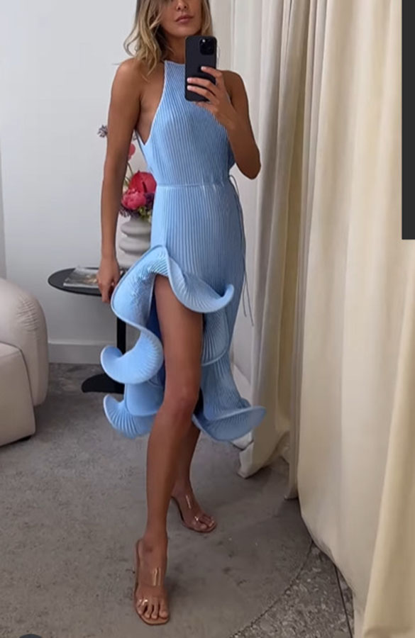 Solid Color Sleeveless Waist Tie Irregular Ruffle Slim Midi Dress | Consonak
