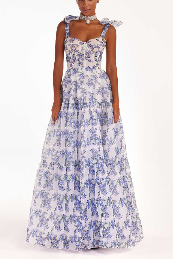 Fairytale Itself Organza Floral Print Tie Strap Maxi Dress-consonak