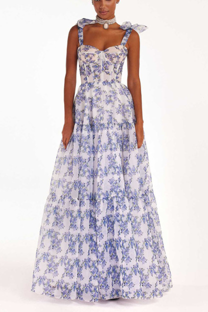 Fairytale Itself Organza Floral Print Tie Strap Maxi Dress-consonak