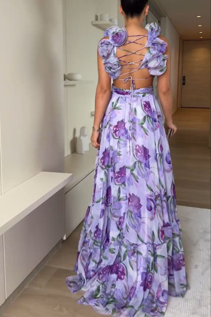 Whimsy Grace Tulle Floral Ruffle Detail Back Lace-up Pleated Maxi Dress-consonak