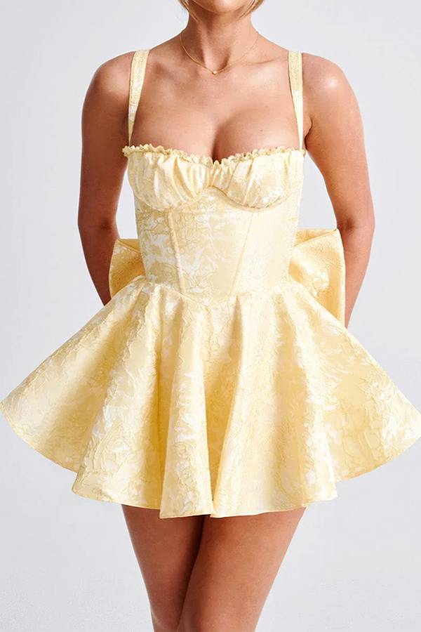 Jacquard Fabric Halter Back Elegant Bow Slim Fit Mini Dress-consonak