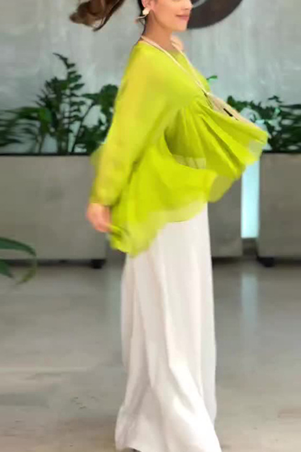 Romantic Journey Chiffon Ruffle Batwing Sleeve Top and Elastic Waist Pocket Loose Pants Set-Consonak