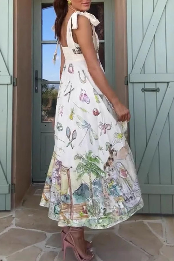 Euro Summer View Linen Blend Unique Print Tie-up Straps Pocket Midi Dress-consonak