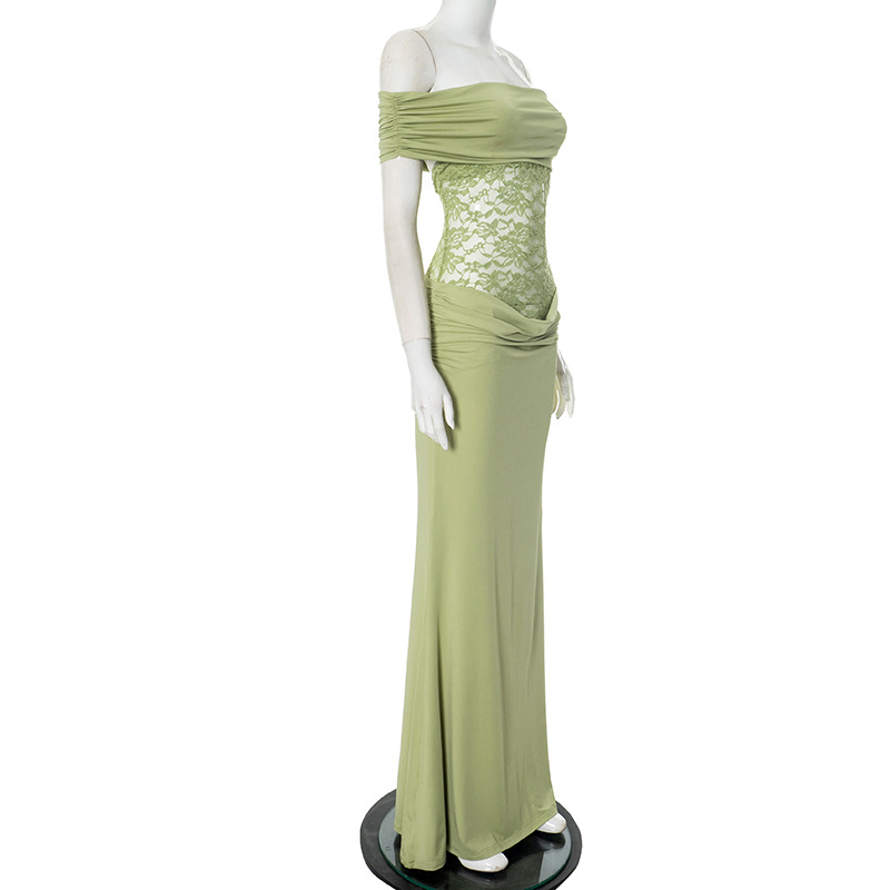 Women's Spring/Summer New Solid Color Off Shoulder Splicing Lace Extra Long Slimming Dress-consonak