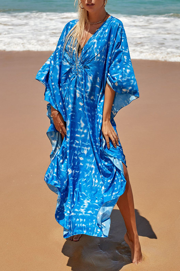 Simple Unique Printed Pleated Front Slit Cover Up-consonak