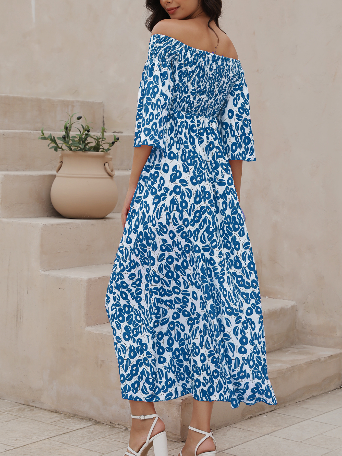 Ladies' Vacation Flower Street Elegant Printed Off Shoulder Waist Pocket Long Dress-consonak