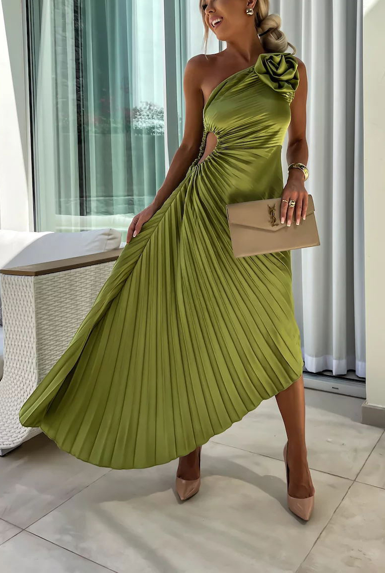 Romantic Nights Satin Raised Flower Elastic Cutout One Shoulder Pleated Maxi Dress-consonak