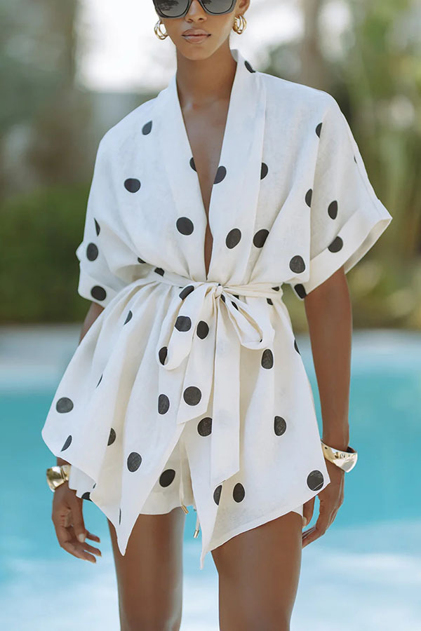 Playful Linen Blend Polka Dot Tie-up Kimono Top and Elastic Waist Pocket Shorts Set | Consonak
