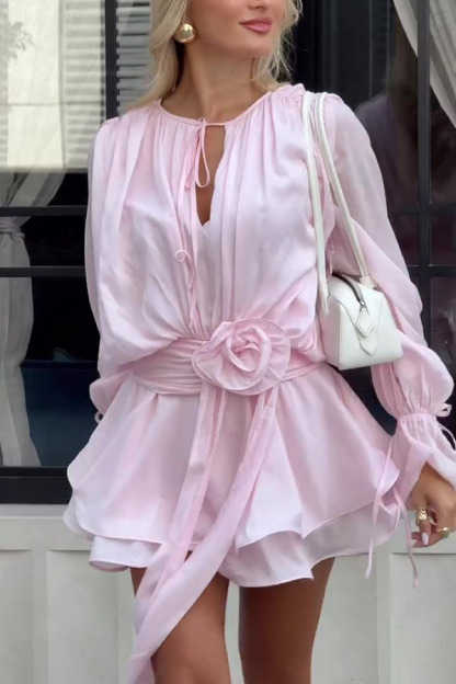 Solid Color Long Sleeve V-Neck Lace-Up Elegant Flower Decorated Mini Dress-consonak