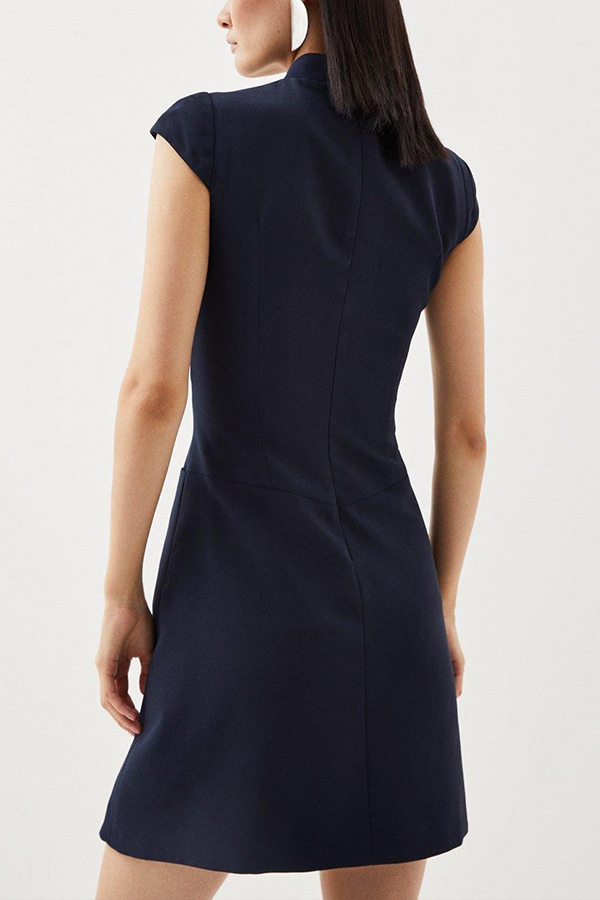 Military Style Cap Sleeve High Neck Patchwork Pleated Hem Mini Dress | Consonak